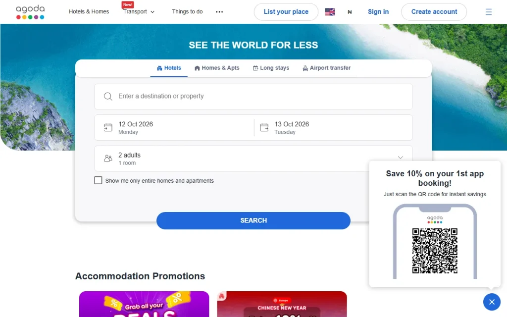 Agoda home page showing the hotel search form
