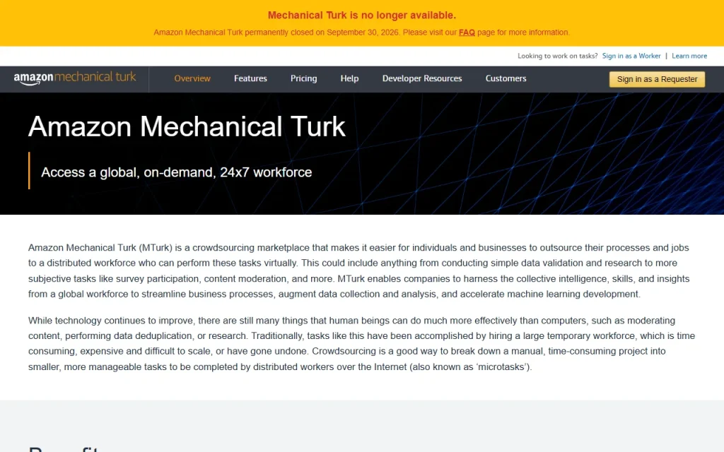 Amazon Mechanical Turk home page with the notice that Mechanical Turk is no longer available