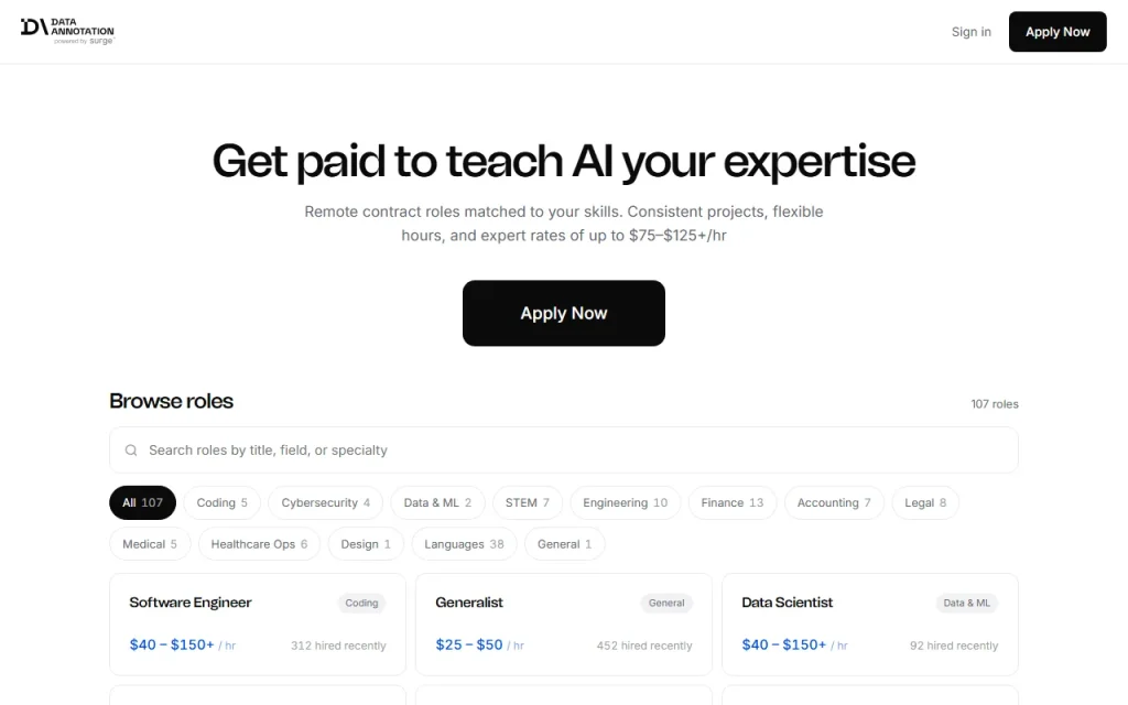 DataAnnotation home page with the Apply Now button and a list of roles