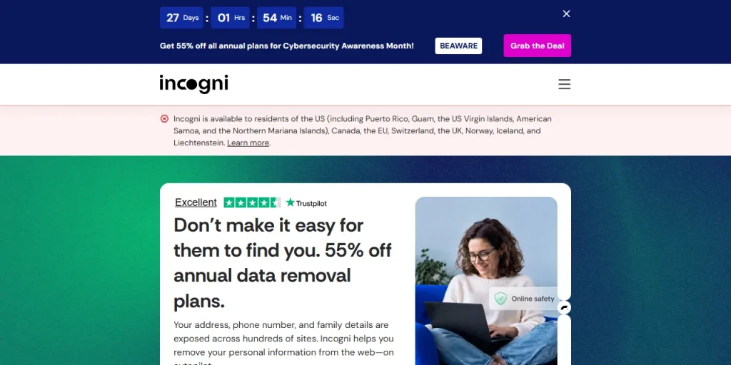 Incogni home page describing data removal from data brokers