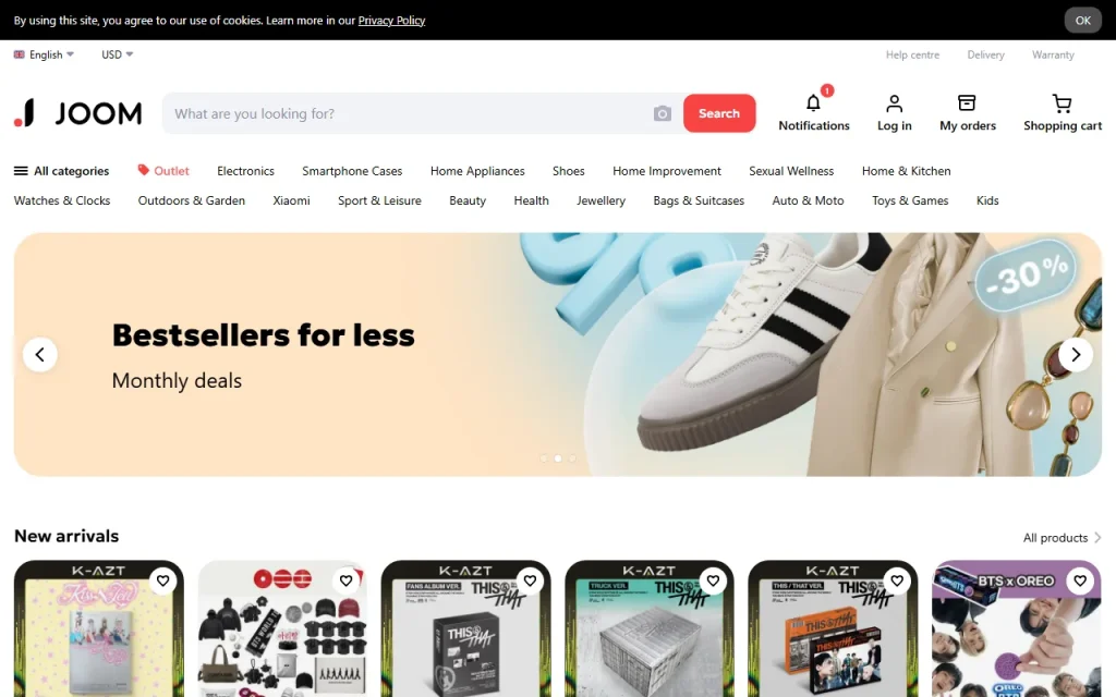 Joom home page with the Bestsellers for less banner