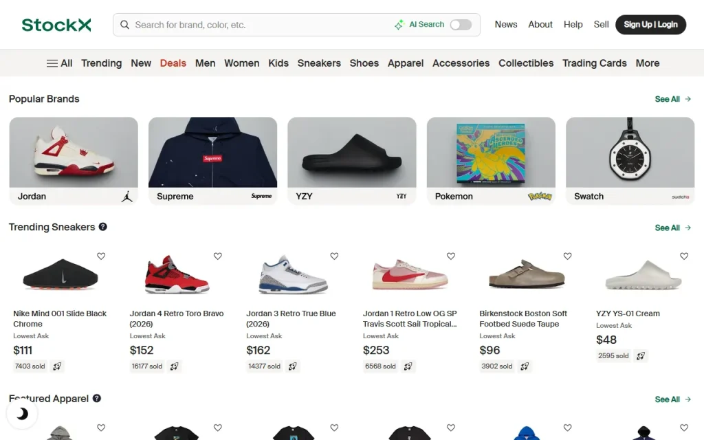 StockX home page showing popular sneaker brands and trending items